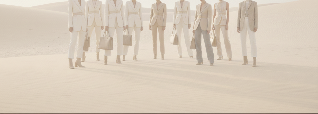 landscape 50% opacity image of women in modern workwear in a beige desert background